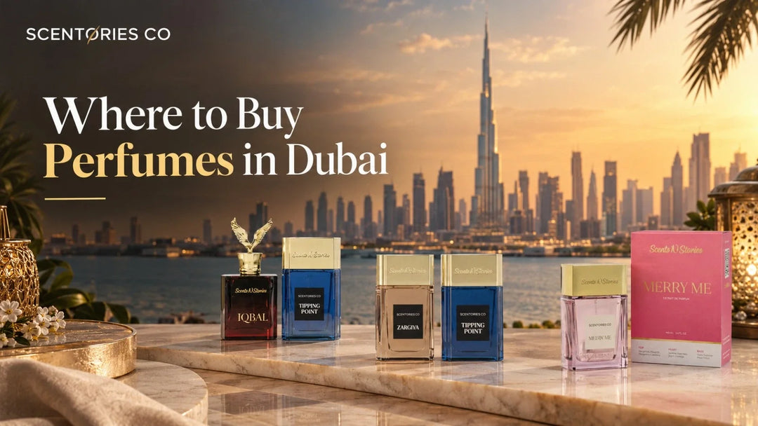 Scentories UAE perfumes are displayed against the Dubai skyline, illustrating where to buy perfumes in Dubai.